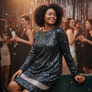 Dana Brook Dress Black Pull on with Black & Copper Sequins Fully Cover Dress